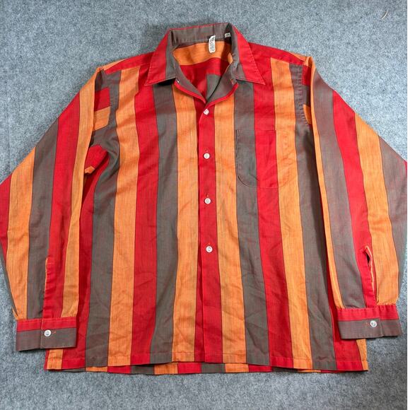 Unbranded Other - Vintage 70s Button Up Shirt Mens Red Orange Striped Long Sleeve Retro Large